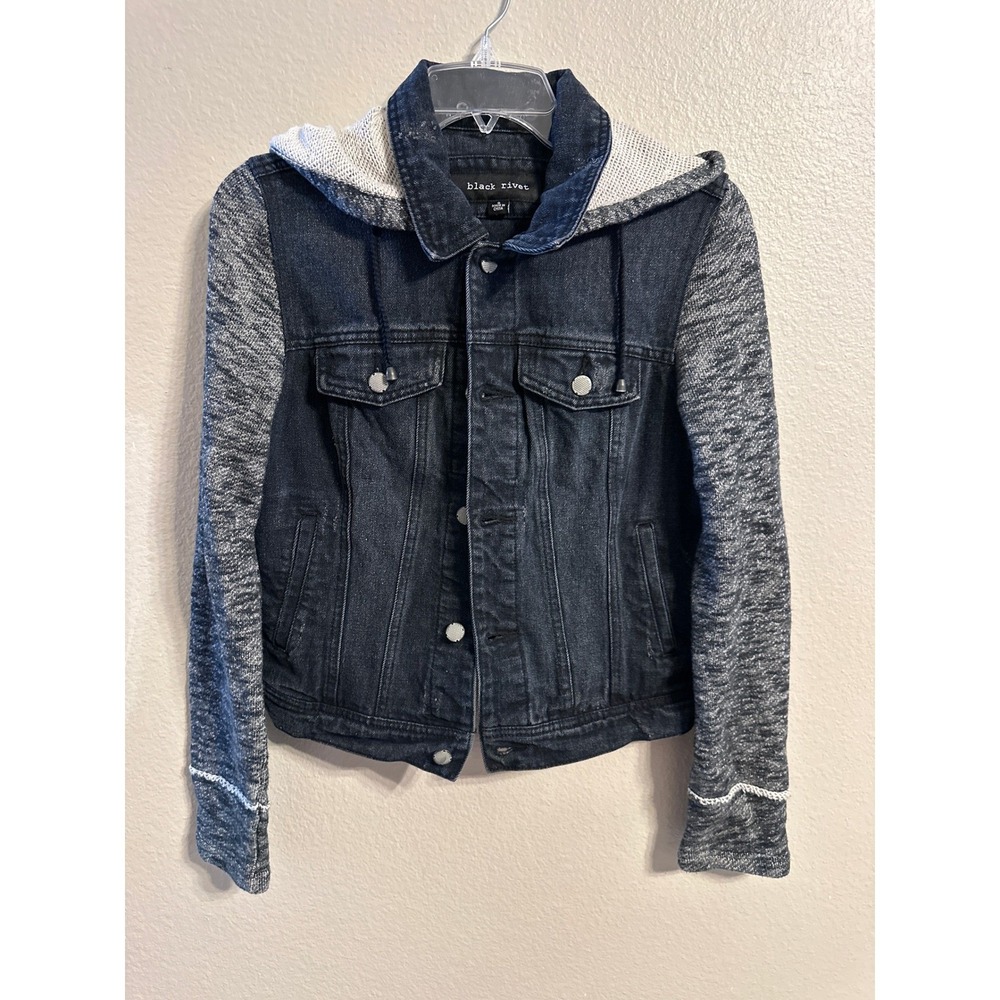 Black Rivet Denim Jacket Gray Knit Hooded Sleeves Button Front Small